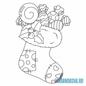 Раскраска новогодний носок с конфетами