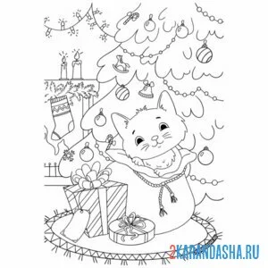 Раскраска новогодний котик в мешке
