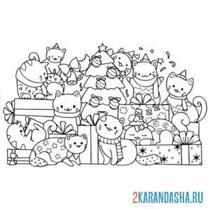 Раскраска новогодние котики вместе