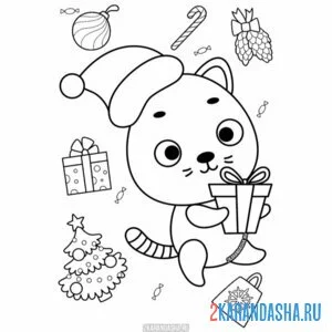 Раскраска новогодний котик тема