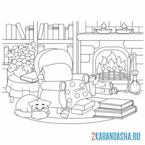 Раскраска новогодний котик спит в доме