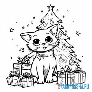 Раскраска елка и новогодний котик
