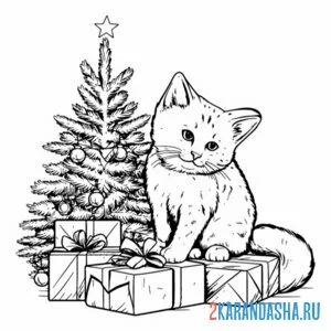 Раскраска подарки и новогодний котик