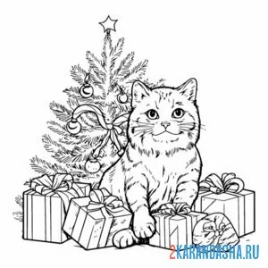 Раскраска подарки елка и котик