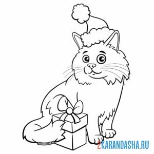 Раскраска пушистый новогодний котик