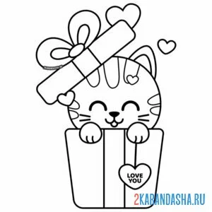 Раскраска новогодний котик в коробке
