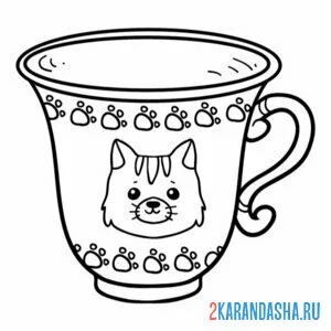 Раскраска новогодний котик на чашке