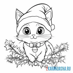 Раскраска еловые ветки и новогодний котик