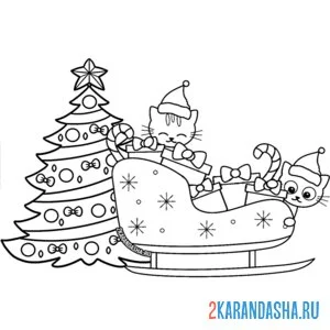 Раскраска новогодние котики в санях