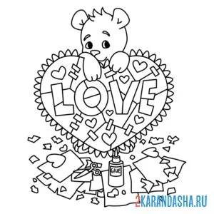 Раскраска мишка love 14 февраля