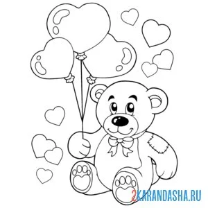 Раскраска мишка с сердчеками шарами