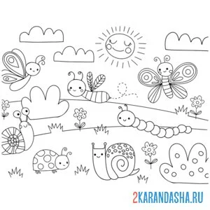 Раскраска насекомые улитка бабочки пчелы