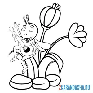 Раскраска кузнечик играет на гитаре