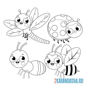Раскраска насекомые стрекоза, божья коровка, муравей и пчела