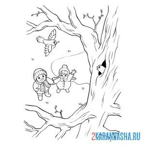Раскраска весенняя природа с птичками и птенцами