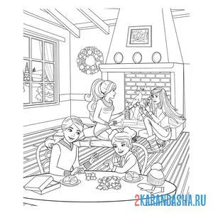 Раскраска барби в рождественском доме