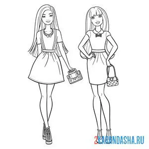 Раскраска барби подружки модницы в платьях и с сумочкой