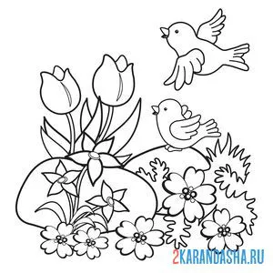 Раскраска весенний пейзаж с птичкой