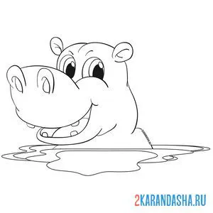 Раскраска бегемотик сидит в воде