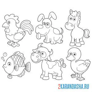 Раскраска животные петух, собачка, лошадка, рыбка, бычок, утка