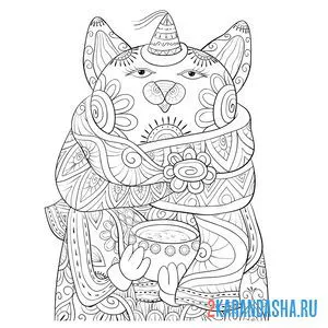 Раскраска котик в шарфе антистресс