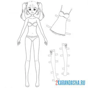 Раскраска бумажная кукла для вырезания нико с одеждой: чулки и платье