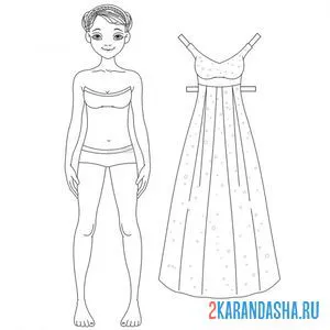 Раскраска бумажная кукла для вырезания настя с одеждой: длинное платье