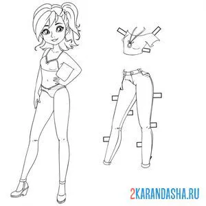 Раскраска бумажная кукла для вырезания жасмин с одеждой: брюки и топ
