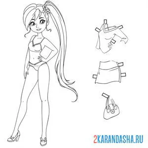 Раскраска бумажная кукла для вырезания диана с одеждой: юбка, кофточка и сумка