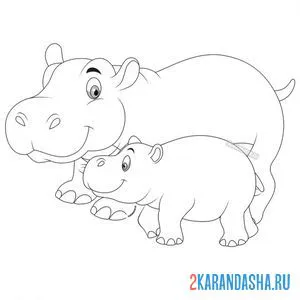 Раскраска мама и детеныш бегемоты