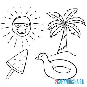 Раскраска солнце, мороженое, пальма, уточка, лето