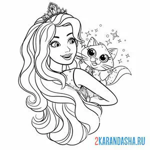 Раскраска барби милашка принцесса с кошечкой