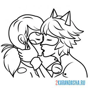 Раскраска поцелуй леди баг и супер кота