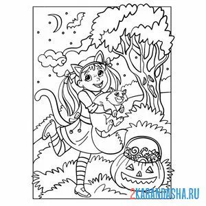 Раскраска девочка ведьма в лесу