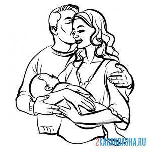 Раскраска папа целует маму - семья