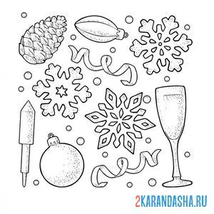 Раскраска шишки, конфетти, снежинки