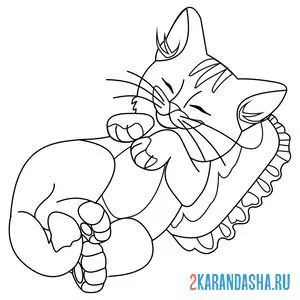 Раскраска кошечка спит на подушке