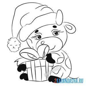 Раскраска бычок с новогодним подарком