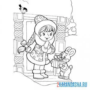Раскраска с зайчишкой у избы