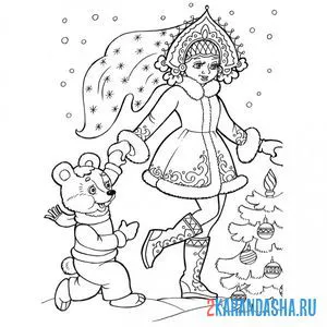 Раскраска с мишкой около елки