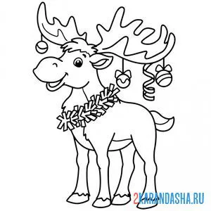 Раскраска лось с новогодними игрушками