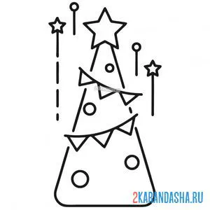 Раскраска новогодняя ёлка с флажками и звездой