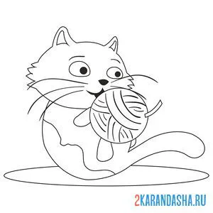 Раскраска кот играет с клубком
