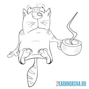 Раскраска кот с кофе