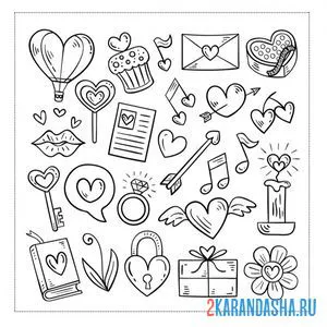 Раскраска коллаж на день всех влюбленных