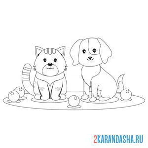 Раскраска кот и песик с шариками