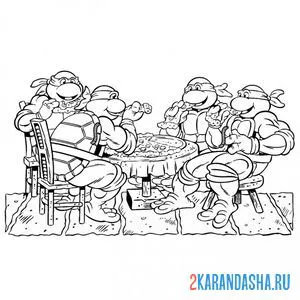 Раскраска черепашки-ниндзя за столом едят пиццу