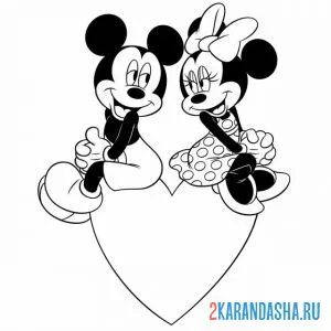 Раскраска микки и минни на сердце