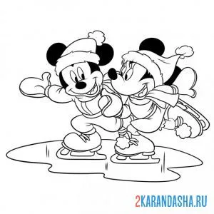 Раскраска микки и минни маус катаются на коньках