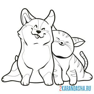 Раскраска котик и собачка обнимаются